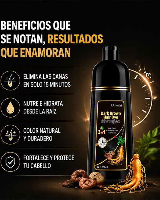 ¡Transforma tu cabello en minutos con EELHOE® Champú Tinte Negro 3 en 1! Color profesional sin complicaciones, en solo 15 minutos.