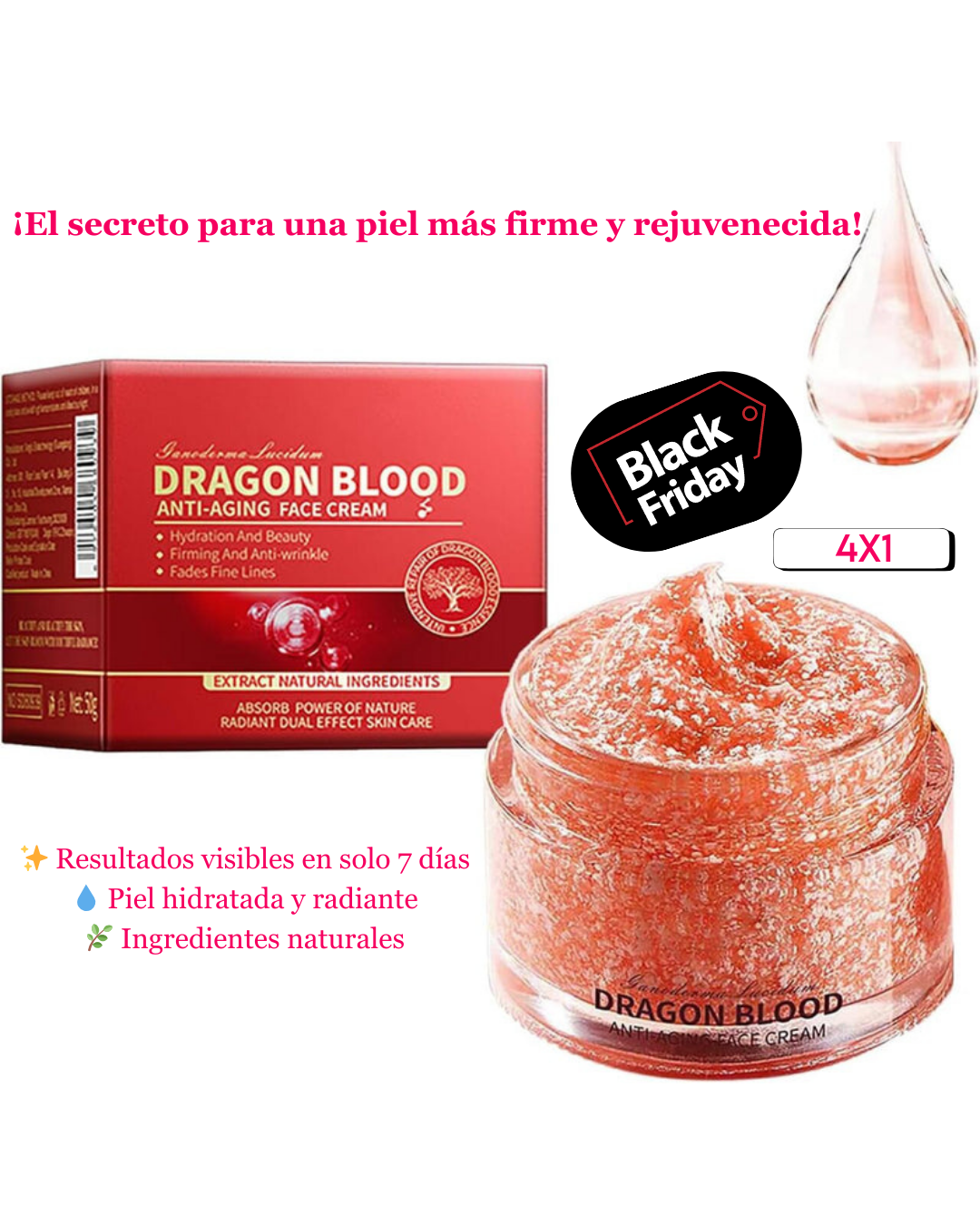 4x1 DRAGON BLOOD®+L´OREAL REVITALIFT | Rellena arrugas, reafirma y devuelve la luz a tu piel. Incluye 3 Cremas + 1 Sérum.